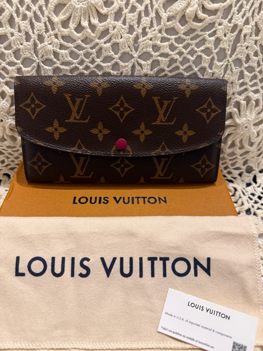 Louis Vuitton Monogram Canvas Emilie Wallet with Fuchsia Button